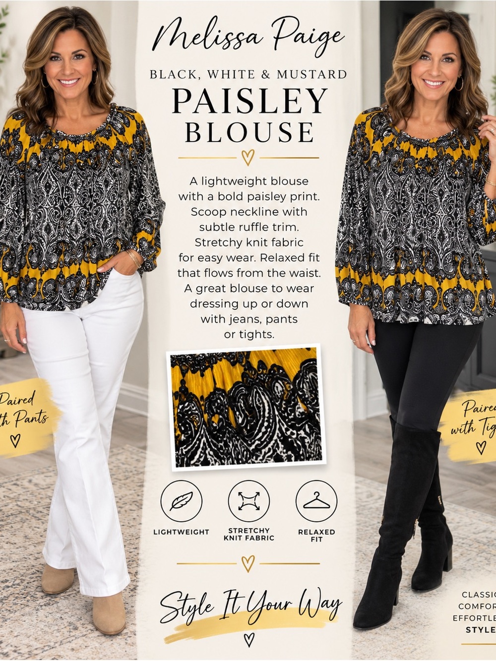 Melissa Paige Black, White & Mustard Paisley Scoop Neck Long Sleeve Blouse